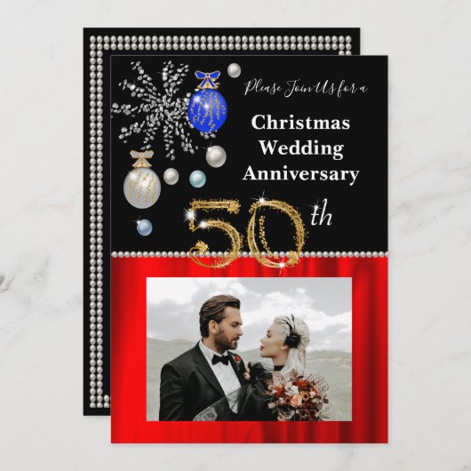 Invitation Noël 50e Anniversaire de Mariage Noir & Or Dans (Devant / Derrière)