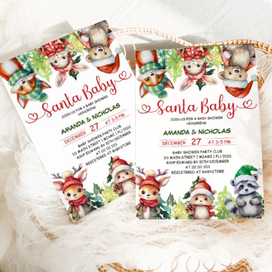 Invitation Noël Animaux de bois Père Noël Baby shower