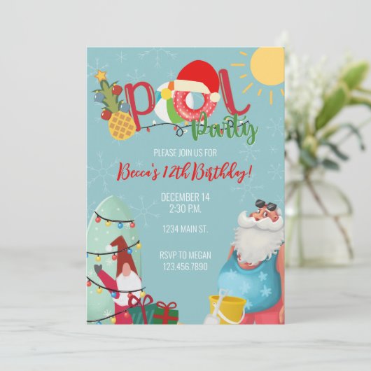 Invitation Noël Anniversaire Pool Party Père Noël Winter Part (Debout devant)