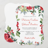 Invitation Noël aquarelle rustique mariage floral rouge (Devant / Derrière)