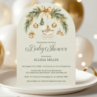 Invitation Noël Aquarelle Verdure Baby shower d'hiver