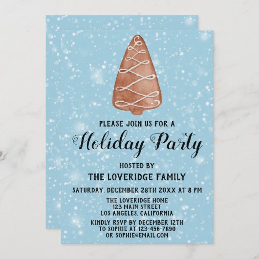 Invitation Noël Arbre Cookie Fête Fête de Noël Neige bleue (Devant / Derrière)