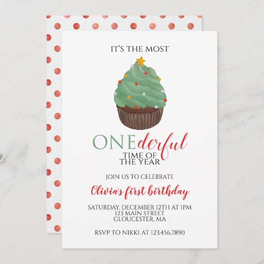 Invitation Noël Arbre Cupcake Onederday Premier anniversaire (Devant / Derrière)