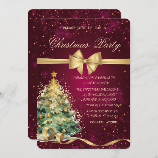 Invitation Noël Arbre d'or Bow Noël (Devant / Derrière)