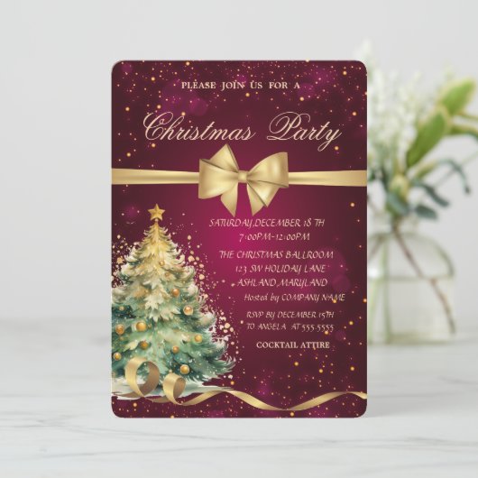 Invitation Noël Arbre d'or Bow Noël (Debout devant)