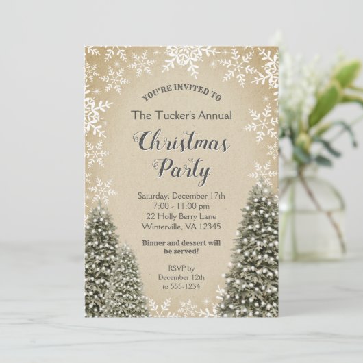Invitation Noël Arbres Snowflakes Burlap Noël (Debout devant)