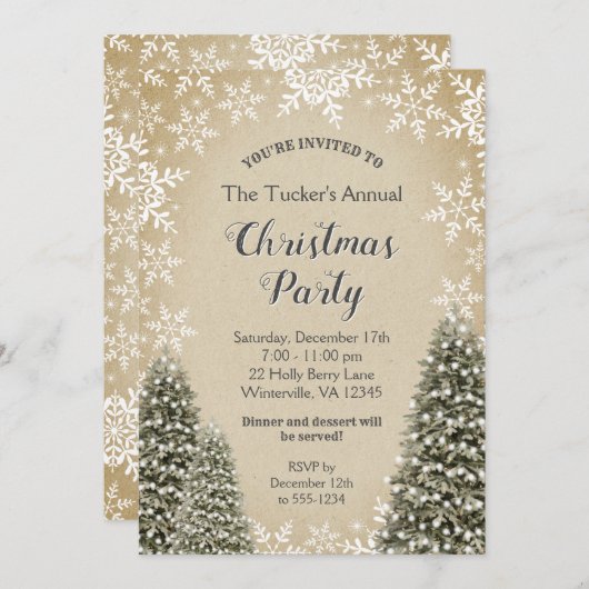 Invitation Noël Arbres Snowflakes Burlap Noël (Devant / Derrière)