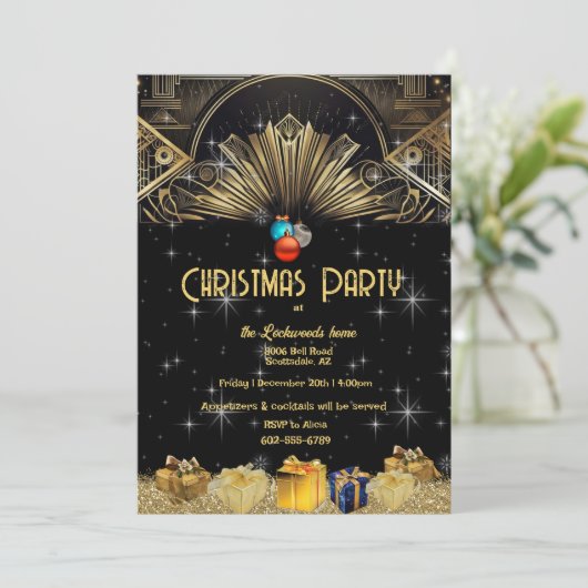Invitation Noël Art déco or noir (Debout devant)