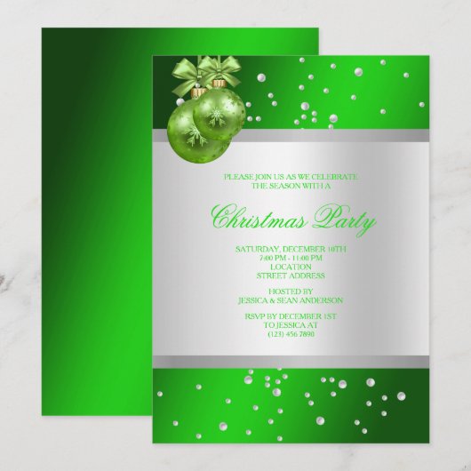 Invitation Noël Baubles & Perles Verts Glamour (Devant / Derrière)