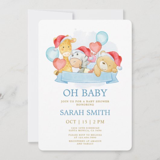 Invitation Noël Bébé Bleu c'est un Baby shower garçon (Devant)