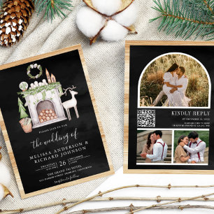 Invitation Noël blanc cheminée QR Code Mariage noir