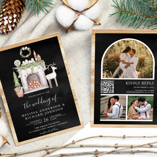 Invitation Noël blanc cheminée QR Code Mariage noir