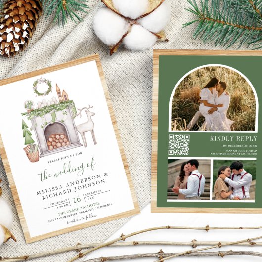 Invitation Noël blanc Code QR de cheminée Mariage