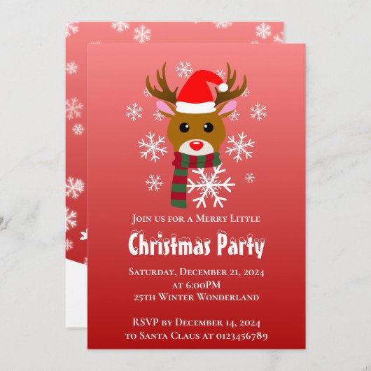 Invitation Noël blanc Rudolph le renne à nez rouge (Devant / Derrière)
