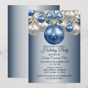 Invitation Noël Bleu Blanc Ornements Fête des Fêtes