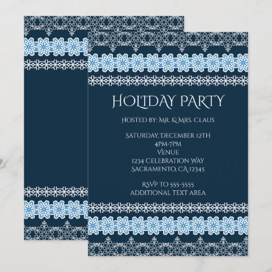 Invitation Noël Bleu et Blanc Dentelle Élégant Fête de Fêtes (Devant / Derrière)