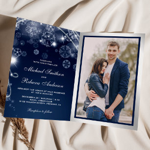 Invitation Noël Bleu Merveilleux Flocons de Neige Code QR Mar