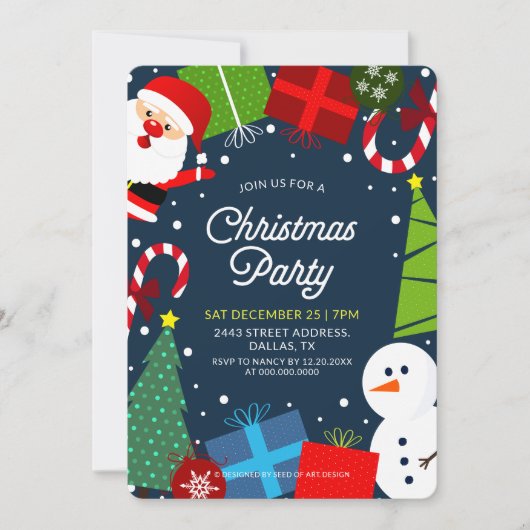 Invitation Noël bleu mignon Père Noël & Snowman (Devant)