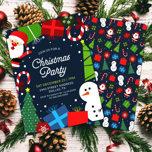 Invitation Noël bleu mignon Père Noël & Snowman