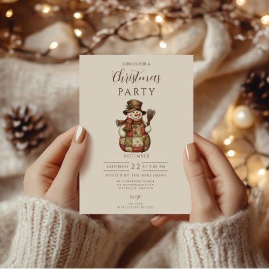 Invitation Noël bonhomme de neige rustique en patchwork