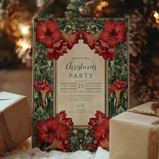 Invitation Noël botanique vintage Red Amaryllis