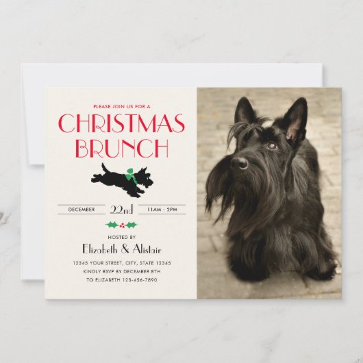 Invitation Noël Brunch Party Scottie Chien photo vert (Devant)
