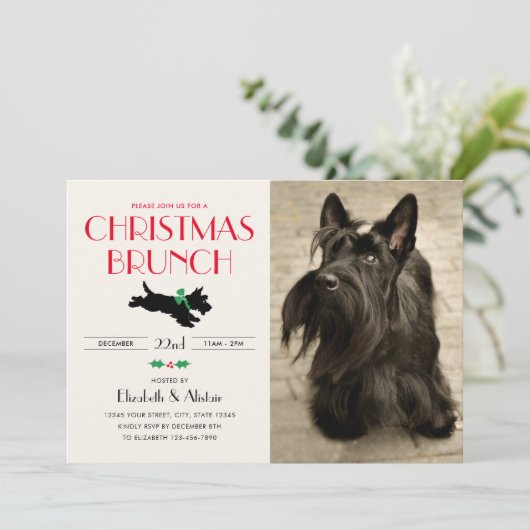 Invitation Noël Brunch Party Scottie Chien photo vert (Debout devant)