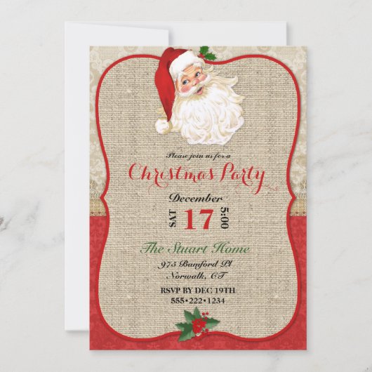 Invitation Noël Burlap Damassé Père Noël (Devant)