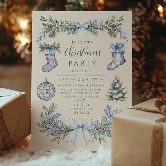 Invitation Noël Chaussette Gingham Bleu