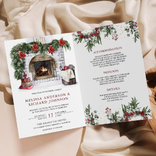 Invitation Noël Cheminée Poinsettia Code QR Mariage