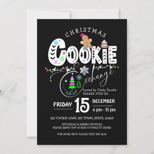 Invitation Noël Cookie Exchange Black Coloré vacances (Devant)