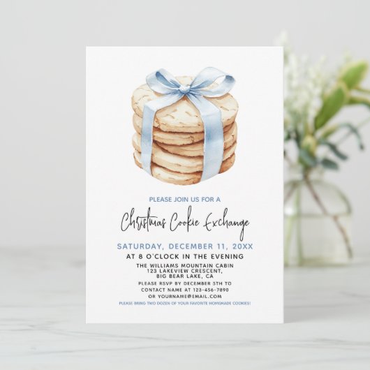 Invitation Noël Cookie Exchange Party Cute Blue Bow (Debout devant)