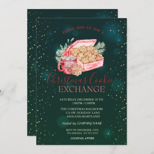 Invitation Noël Cookie Stars Vert Noël (Devant / Derrière)