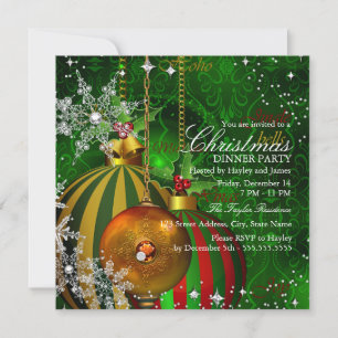 Invitation Noël de dîner de fête Rouge Vert Flocon de neige