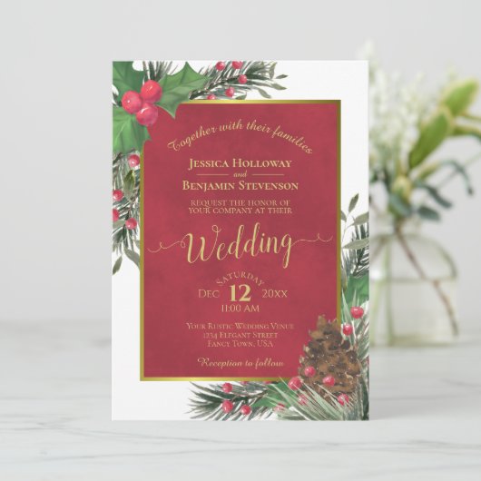 Invitation Noël de Noël élégant Holly & Pine Mariage d'hiver (Debout devant)