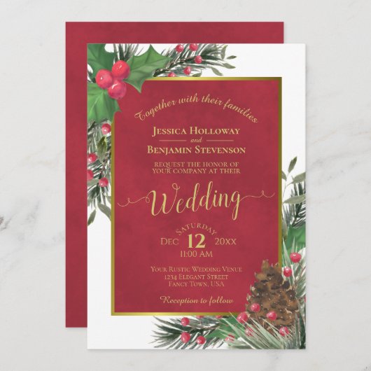 Invitation Noël de Noël élégant Holly & Pine Mariage d'hiver (Devant / Derrière)