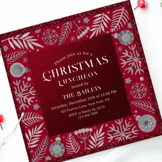 Invitation Noël Déjeuner Parties scintillant Hiver Floral