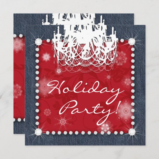 Invitation Noël Denim Diamants Mariage Lustre Floral Rouge (Devant / Derrière)