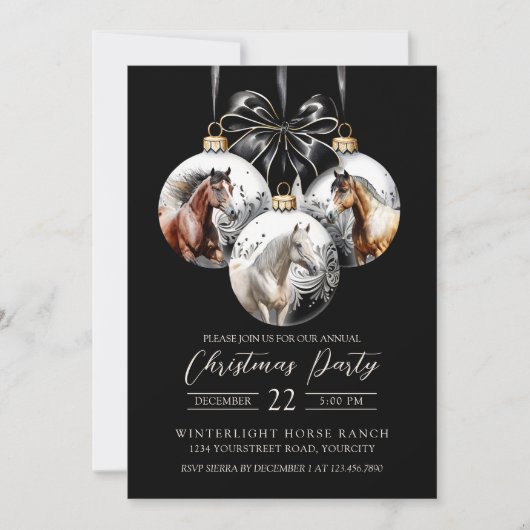 Invitation Noël des chevaux noirs et or (Devant)