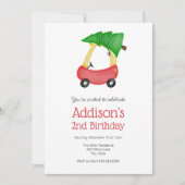 Invitation Noël d'hiver Petite voiture rouge avec arbre Anniv (Devant)