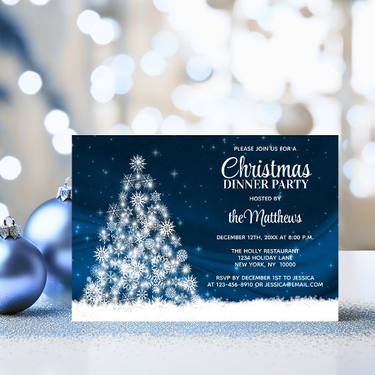 Invitation NOËL DÎNER FÊTE Bleu Blanc Lumières Arbre