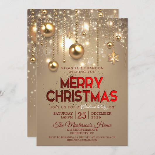 Invitation Noël d'or Baubles & Etoiles Noël (Devant / Derrière)