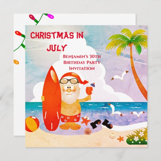 Invitation Noël du Père Noël mignon en juillet fête d'anniver (Devant / Derrière)