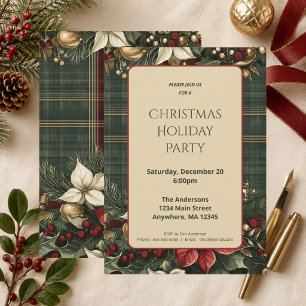 Invitation Noël élégant à carreaux bordeaux et poinsettia