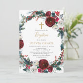 Invitation Noël élégante bordeaux or fille baptême (Debout devant)