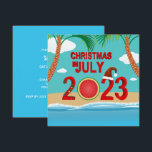 Invitation Noël en juillet 2023 Watermelon Beach<br><div class="desc">Noël en juillet 2023 illustration avec numéro d'année rouge gras 2023 décoré d'une chaîne lumineuse colorée,  de pastèque coupée en tranches et d'un casquette du Père Noël rouge. Affiché sur la plage avec palmiers et eau de mer.</div>