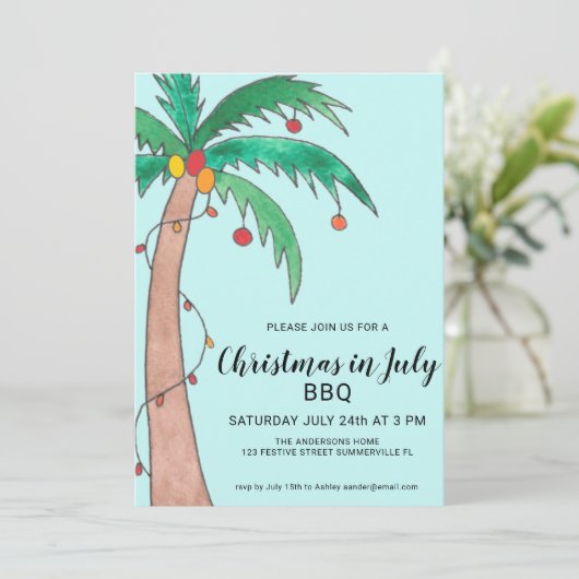 Invitation Noël En Juillet BBQ Palm Tree (Debout devant)