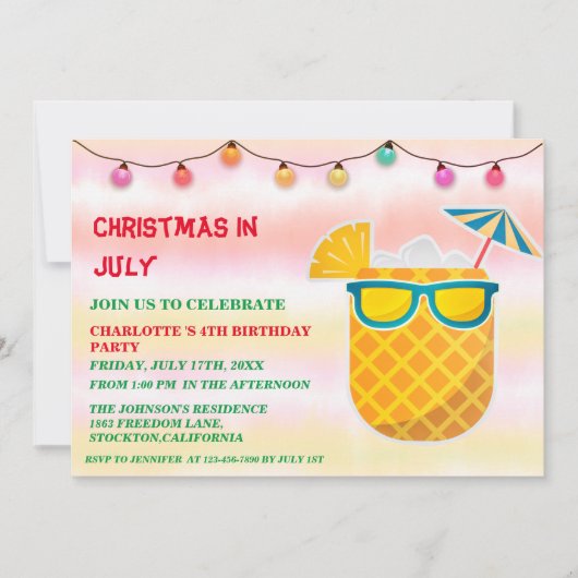 Invitation Noël En Juillet Fête D'Anniversaire  (Devant)