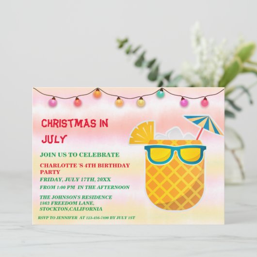 Invitation Noël En Juillet Fête D'Anniversaire  (Debout devant)