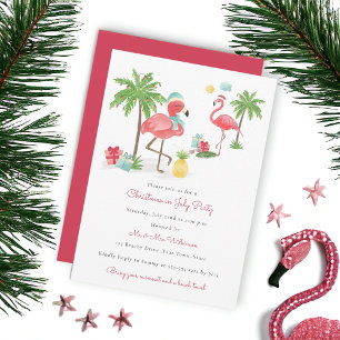 Invitation Noël en juillet fête flamingo moderne